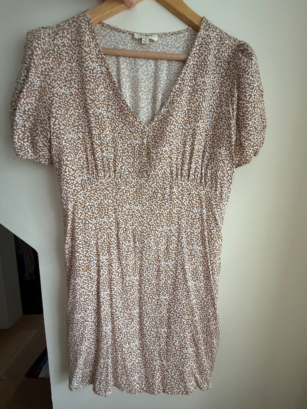 Umgee Tan and White Floral V-Neck Mini Dress